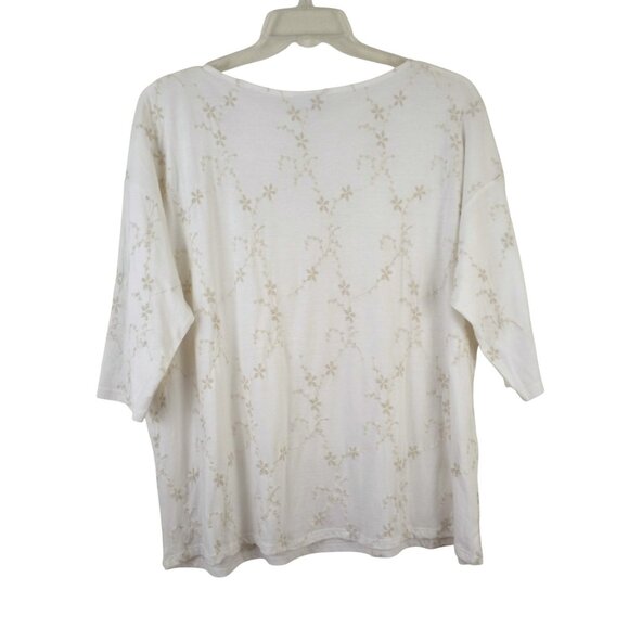 J Jill Floral Embroidered Boat Neck 3/4 Sleeve Ivory Cotton Blend Tee - Picture 4 of 7